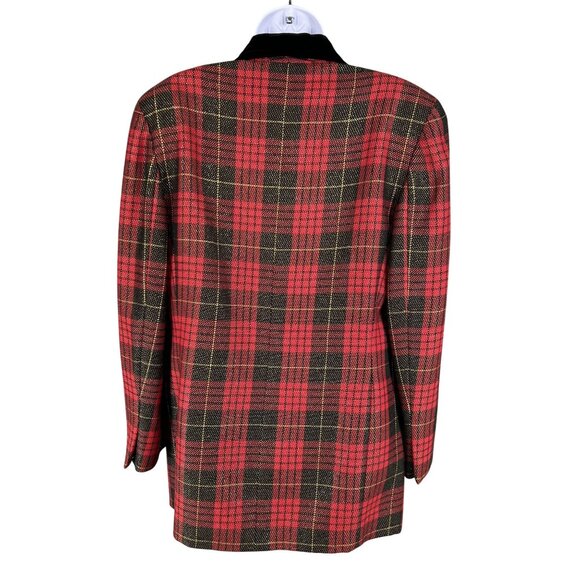Anne Klein II Womens L Red Black Plaid 95% Wool Long Blazer Velvet Shawl Collar - Picture 2 of 15
